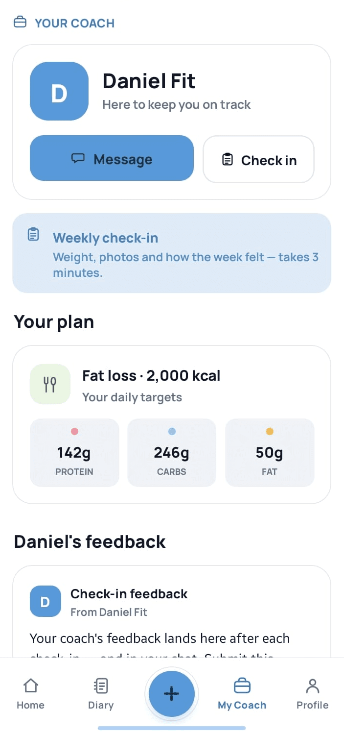 A coached client's My Coach screen: their coach Daniel Fit shown in the coach's own blue accent with Message and Check in buttons, a weekly check-in prompt, and the daily protein, carb and fat targets their coach set