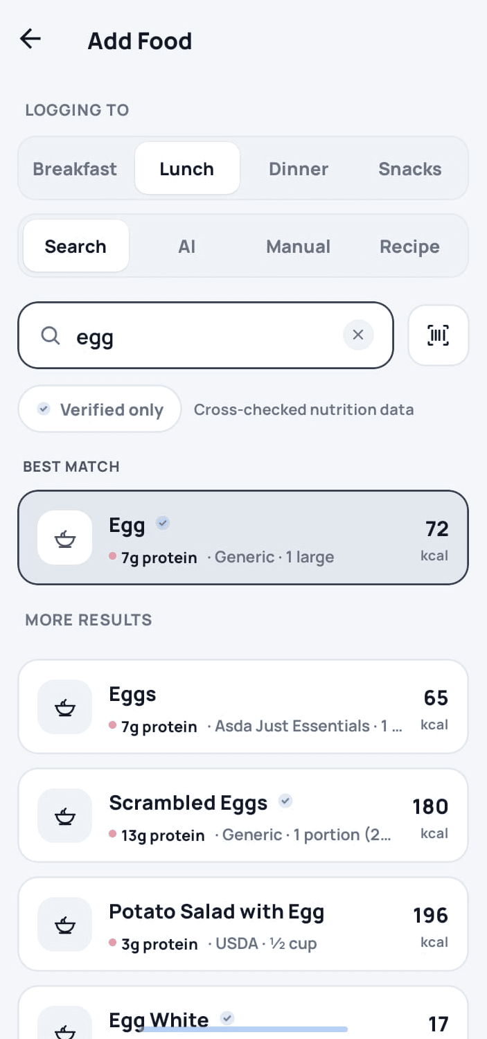 Searching the food database with the Verified only filter on, showing cross-checked UK nutrition data